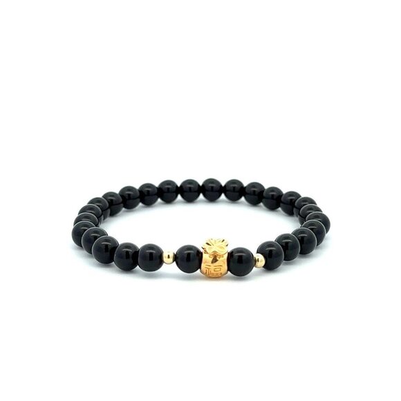 Unbranded Jewelry - 18K Gold Money Bag Lucky Charm Beads Bracelet Gemstones Obsidian 6mm